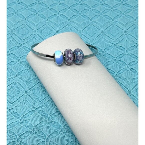 3 Silver-Tone Bangle Bracelets‎ With Blue Purple & Green Beads - Picture 4 of 7